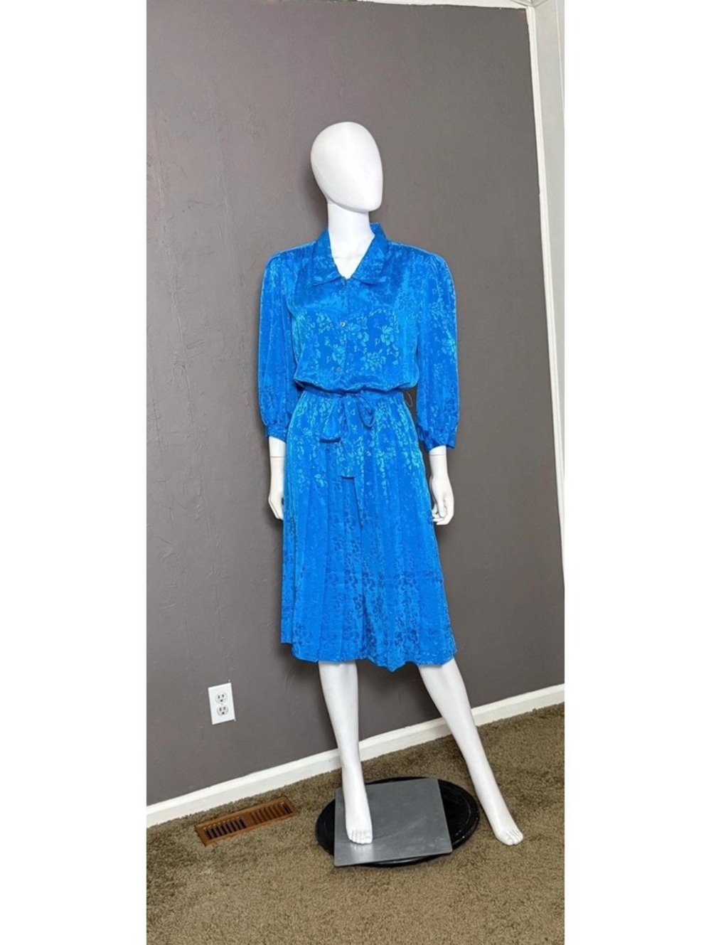 1980's Turquoise Silky Jacquard Dress Midi Pleated Shirtdress Belt 80s does 40s